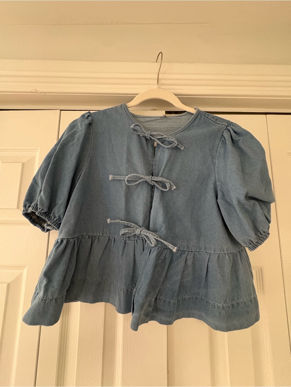 Amazon Light Blue Tie-Front Peplum Denim Blouse